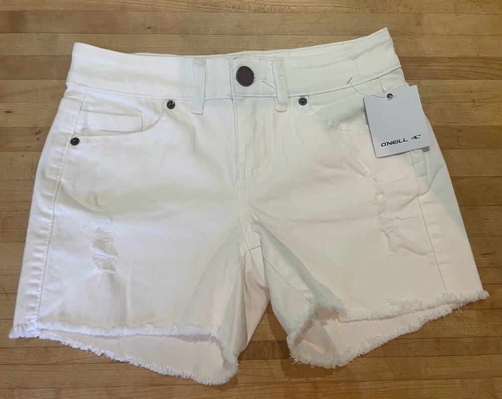 O’Neil Women’s Cody Bright White Denim Distressed Raw Hem Shorty Shorts Size 25